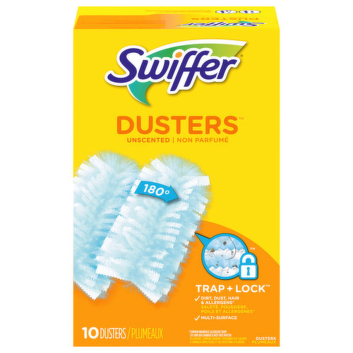 Swiffer Dusters TRAP + LOCK dust & allergens*. Made with specially coated fibers that grab onto dust & don't let go. They are uniquely designed to Trap + Lock dust from even the tight spaces in your home. *common inanimate allergens from cat and dog dander & dust mite matter