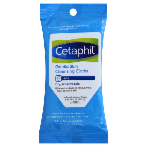 5.0 x 7.9 in (12 x 20 cm). Pre-moistened cloths. Thoroughly removes dirt and makeup without irritation. Ultra soft and gentle for even the most sensitive skin. Formulated for sensitive skin. Dermatologist developed and tested. Cetaphil Gentle Skin Cleansing Cloths: Soothing ingredients cleanse without stripping skin. Dermatologist developed and tested. Ophthalmologist tested. Fragrance free. Quick and easy, these pre-moistened cleansing cloths are ultra soft and gentle for even the most sensitive skin. Thoroughly removing dirt and makeup without irritation, your skin will be left feeling clean, refreshed and balanced after every use. cetaphil.com. Questions? 1-866-735-4137.
