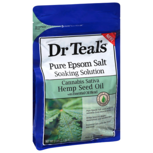 Made with hemp seed oil. Pure Epsom salt eases aches & soreness from muscle pains. Hemp seed oil deeply moisturizes and soothes skin. Essential oils calm the mind and body. Pure Epsom salt to help ease aches and pains + Hemp seed oil for intense moisture + White thyme + bergamot to quiet the mind. Dr Teal's soaking solution combines pure Epsom salt (magnesium sulfate USP) with hemp seed oil (cannabis sativa) to help revitalize tired, achy muscles and deeply moisturize the skin. A blend of white thyme, cedarwood & bergamot essential oils create a soothing soaking experience that helps calm the mind and provide relief from stress. Cruelty free.