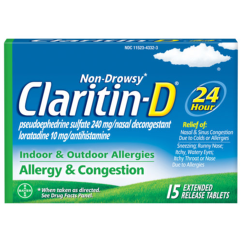 In Each Tablet: Other Information: Each tablet contains: calcium 25 mg. Safety sealed: do not use if the individual blister unit imprinted with Claritin-D 24 hour is open or torn. Store between 20 degrees C to 25 degrees C (68 degrees F to 77 degrees F). Protect from light and store in a dry place. Non-drowsy (when taken as directed). Pseudoephedrine sulfate 240 mg/nasal decongestant loratadine 10 mg/antihistamine. Relief of: Nasal & sinus congestion due to colds or allergies. Sneezing; runny nose; itchy, watery eyes; itchy throat or nose due to allergies. www.claritin.com. Questions or comments? 1-800-Claritin (1-800-252-7484) or www.claritin.com. Recyclable carton.