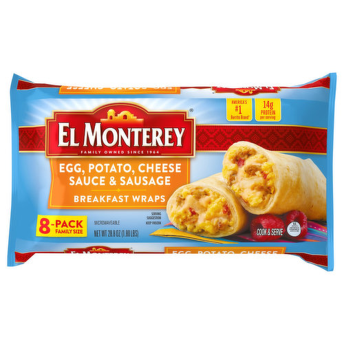 El Monterey Breakfast Wraps, Egg, Potato, Cheese Sauce & Sausage, 8-Pack Family Size
