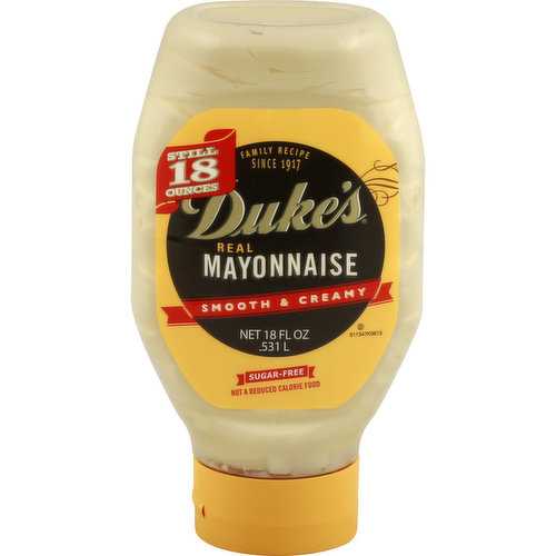 Gluten free. Sugar free. Rich in Omega-3 ALA. Contains 650 mg ALA per serving. 40% of the daily value of ALA (1600 mg). Family recipe since 1917. Still 18 ounces. Not a reduced calorie food. The secret to great food.  www.dukesmayo.com. Find recipes at dukesmayo.com. Try all our Duke's varieties.