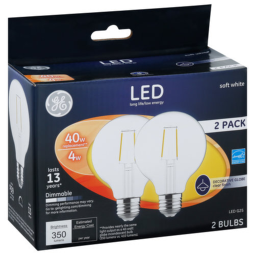 Brightness Quantity: 350 lumens. Energy Info: $0.48 based on 3 hrs/day, 11 cents /kWh. Cost depends on rates and use. 4 watts. Package Info: 2-Pack. 2. Voltage: 120 volts. Bulb Info: Indoor. LED. Is Dimmable. Has Energy Star Logo. Screw. Bulb Life: 13.7 years based on 3 hrs/day. Bulb Appearance: 2700 k.
