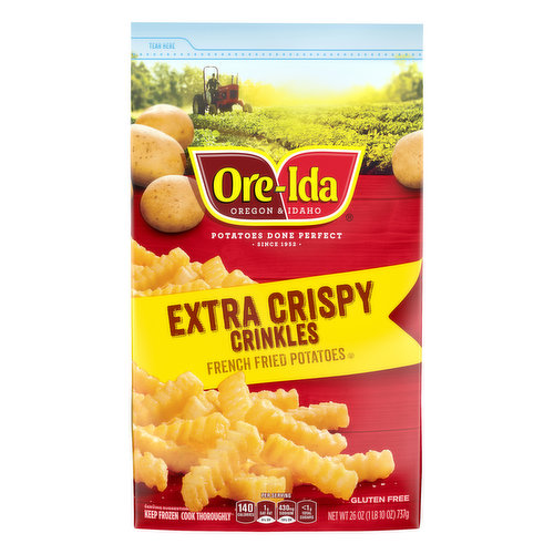 Ore-Ida Extra Crispy Golden Crinkles Fries make it easy to enjoy delicious fries at home. Crispy and golden, these Grade A fries are made from freshly peeled, American grown potatoes. These gluten free fries offer an extra crispy outside with a fluffy inside for the perfect blend of textures to make your next family meal a success. Toss these frozen fries on a baking sheet to bake them in the oven according to package instructions for perfectly crispy fries every time. An American classic, these easy fries are crinkle cut for extra crispness and are perfect for dipping. Serve these crinkle fries with the traditional burger, or get creative with loaded fries topped with cheese and bacon. These oven baked fries come sealed in a 26 ounce bag to help lock in flavor. Your family deserves the highest quality because if it's not Grade A, it's not Ore-Ida!