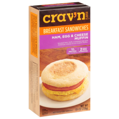 Get some Crav'n Flavor! When the first thing you eat is smoked ham, fluffy scrambled egg and American cheese fluffy scrambled egg and American cheese on an English muffin, you know it's gonna be a great day. Just heat and prepare to be wowed! It's serious satisfaction. Please recycle.