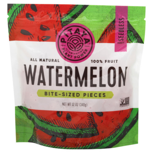 Vegan. Gluten free. Dairy free. Certified Organic by IBD (Certified Kosher & Vegan by Earth Kosher). Non GMO Project verified. nongmoproject.org. All natural. 100% fruit. Super Fruits on a Mission: Pitaya started with a simple mission. We promote sustainable farming, create jobs in the communities that we source from, and produce the healthiest products possible with minimal processing and no added anything! After all it's just fruit, not rocket science! - Chuck & Ben. Illuminating Plant Power: Originally from the bio-diverse region of West Africa, watermelon is the iconic superfruit that signifies the start of summertime in the US. Prized around the world for its hydrating benefits, watermelon is also rich in antioxidants, high in vitamin A, and a good source of vitamin C. Our bite size cubes are the perfect way to enjoy summer all year long! Hydrating. Vitamin C. Vitamin A. Hydrating. www.pitayaplus.com. www.earthkosher.com. More delicious recipes at www.pitayaplus.com. Certified B Corporation. Please recycle. Product of Vietnam.