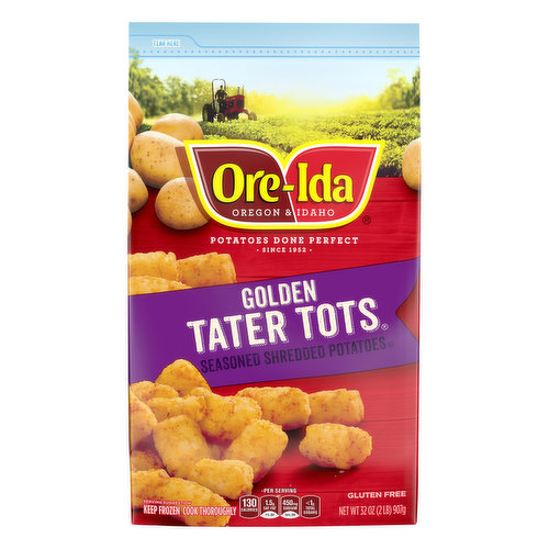 Seasoned shredded potatoes. Made from 100% real potatoes. Per Serving: 130 calories; 1.5 g sat fat (7% DV); 450 mg sodium (19% DV); less than 1 g total sugars. Gluten free. Oregon & Idaho. Potatoes done perfect. Since 1952. Win at mealtime with Ore-Ida. www.oreida.com. Scan or call 1-800-892-2401 for more food information. The Ore-Ida Brand is committed to providing the highest quality products. We welcome your comments. Please have the package with you when you call. Phone US: 1-800-892-2401 Monday-Friday. Visit us Online: www.oreida.com for delicious recipes. Write Us: Kraft Heinz Foods, Consumer Affairs PO Box 57 Pittsburgh, PA 15230. Ore-Ida Golden TATER TOTS make it easy to enjoy delicious seasoned potatoes at home. Crispy and golden, these Grade A crispy TATER TOTS are made from freshly peeled, American grown potatoes. These gluten free TATER TOTS offer a crispy outside with a fluffy inside for the perfect blend of textures to make your next family meal a success. Toss these frozen TATER TOTS on a baking sheet to bake them in the oven according to package instructions for perfect golden TATER TOTS. An American classic, these easy TATER TOTS are perfect for dipping. Serve them with burgers, or get creative with loaded tots topped with cheese and bacon. These oven baked tots come sealed in a 32 ounce bag to help lock in flavor. Your family deserves the highest quality because if it's not Grade A, it's not Ore-Ida!