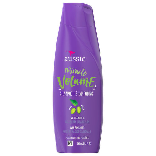 NEXT LEVEL VOLUME. Add a little extra oomph to your ‘do. Kakadu plum- and bamboo-infused Aussie Miracle Volume Shampoo adds body that gives your hair style lift off. And the scent? Those citrusy bright notes with a hint of florals and ocean are enough to have your head in the clouds.