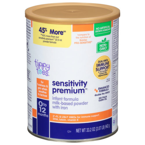 45% more (45% more than our Sensitivity Premium 22.5 oz powder formula). Compare to the nutrition of Similac Pro-Sensitive (This product is not manufactured or distributed by the owner of the registered trademark Similac Pro-Sensitive). No artificial growth hormones (No significant difference has been shown between milk derived from rBST-treated and non-rBST-treated cows). Dual HMOs immune support. 2'-FL (Not from human milk) & LNnT (Not from human milk) human milk oligosaccharides. Enhanced formula double the HMOs (Vs our single HMO formula). No palm olein oil. 2'-FL & LNnT HMOs for immune support. Values are based on label claims as of November 2020 and are subject to change. Tippy Toes Sensitivity Premium Infant Formula does not contain the identical proprietary ingredient blend of prebiotics, patented levels of nucleotides, lutein and lycopene in Similac Pro-Sensitive. Experts agree on the many benefits of breast milk. Infant formula provides complete nutrition and is the only safe alternative to breast milk. Filled by weight, not by volume. Contents may settle during shipment. Contents yield approximately 236 fl oz of formula.