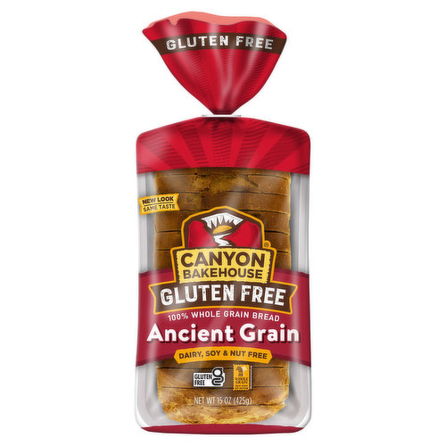 Enjoy the timeless flavor of Canyon Bakehouse® Gluten Free Ancient Grain Sandwich Bread — baked with ancient whole grains, including sorghum, millet, amaranth and teff. This 100% whole grain bread is certified gluten free without compromising taste or quality. Plus, it's free from allergens like dairy, nuts and soy so your family can enjoy that bakery bread taste without hesitation. Find Canyon Bakehouse Ancient Grains Bread in the fresh bread aisle and eat within five days of opening the inner bag. Baked with subtle sweetness, these multigrain bread slices make a delicious canvas for any sandwich or toast creation. Grab a whole grain bread loaf to take your family from weekday breakfast to school lunches and beyond. Your whole family will love Canyon Bakehouse gluten free products, including gluten free bagels, English muffins, hamburger buns and more. For more than 10 years, Canyon Bakehouse has raised the bar on gluten free baking, making delicious offerings the whole family will enjoy — so everyone can Love Bread Again®.