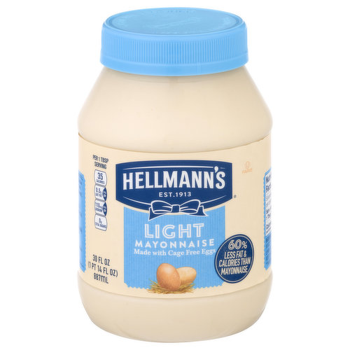 Per 1 Tbsp Serving: 35 calories; 0.5 g sat fat (3% DV); 110 mg sodium (5% DV); 0 g total sugars. Gluten free. 60% less fat & calories than mayonnaise. Per Serving: This Product: 35 calories; 3.5 g fat. Mayonnaise: 90 calories; 10 g fat. Good source of omega 3 ALA. Contains 230 mg ALA per serving, which is 14% of the 1.6 g daily value for ALA. Est. 1913. Made with cage free eggs. Bring out the best. Known as best foods west of the rockies. Even after 100 years, we're still committed to using premium ingredients to craft the highest quality mayonnaise. We are committed to sourcing oils responsibly. Quality of this product is guaranteed. Hellmanns.com/BlueRibbonQuality. Learnaboutmyfood.com. how2recycle.info. Discover more at Learnaboutmyfood.com. Something to tell us? Please call 1-800-418-3275. Learn more at Hellmanns.com/BlueRibbonQuality.