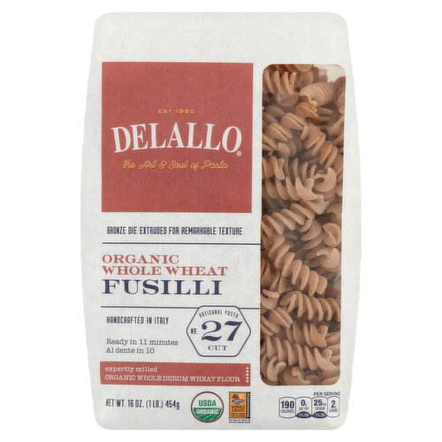 Delallo Fusilli, Organic, Whole Wheat, No. 27 Cut