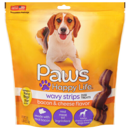 Paws Happy Life Dog Treats, Bacon & Cheese Flavor, Wavy Strips