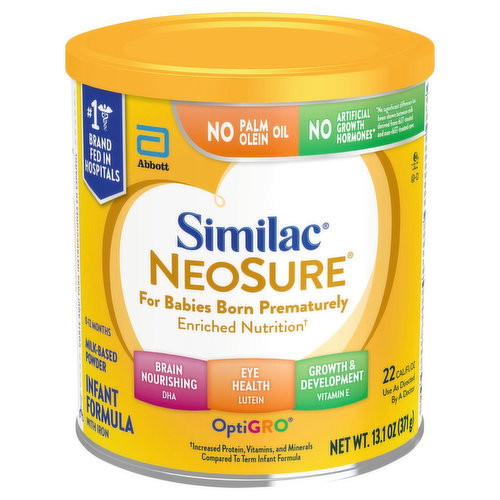 No.1 brand fed in hospitals. No palm olein oil. No artificial growth hormones (No significant difference has been shown between milk derived from rbST-treated and non-rbST-treated cows). Enriched nutrition (Increased protein, vitamins, and minerals compared to term infant formula). Breast milk is recommended. If you choose to use infant formula, the makers of Similac have a formula that's right for your baby.