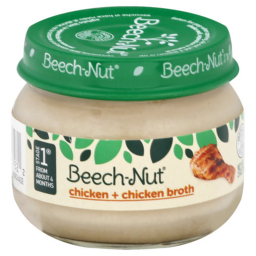 From about 4 months. No garlic, no onion. Inspected for wholesomeness by US Department of Agriculture. www.beechnut.com. Contact us at 1-800-Beech-Nut or www.beechnut.com.