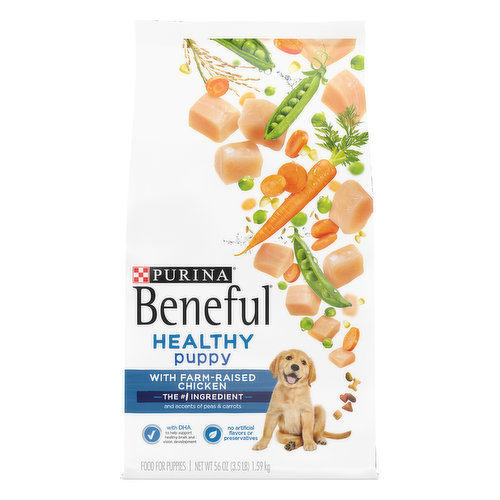 Calorie Content (calculated) (ME): 3679 kcal/kg, 391 kcal/cup. Beneful Healthy Puppy With Farm-Raised Chicken is formulated to meet the nutritional levels established by the AAFCO Dog Food Nutrient Profiles for all life stages including growth of large size dogs (70 lbs or more as an adult).