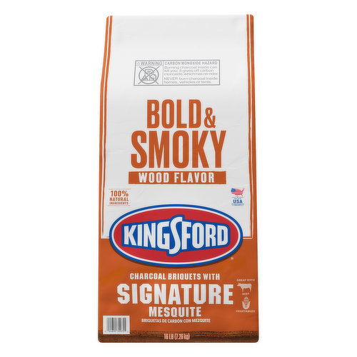 100% natural ingredients. Great with beef; vegetables. kingsford.com. how2recycle.info. kingsford.com/recipes. Questions or comments? Visit us on the web at kingsford.com or call 800-232-4745. For detailed instructions and more recipes: visit kingsford.com/recipes. Explore more flavor. Pair with your favorite meat, seafood or vegetables. Signature. Classic. Pecan. Applewood. Cherrywood. Made in the USA with North American ingredients. Made in USA of global ingredients.