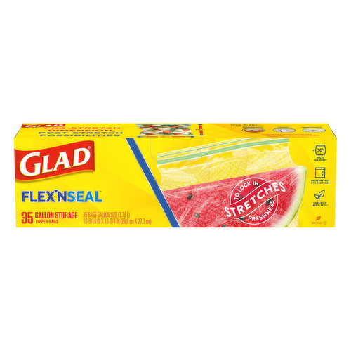 35 bags gallon size (3.78 l) 10-9/16 inch x 10-3/4 inch (26.8 cm x 27.3 cm). To lock stretches in freshness. Helps prevent rips and tears. Made with less plastic (vs. similar sized Glad standard food bags). Pre-stretch dimension, post-stretch possibilities. Use it for. Marinating. Travel. Microwave (For defrosting and reheating foods: Open zipper about an inch (2 or 3 cm) to vent, and place bag on a microwave-safe plate). Stretches to hold 30% more (Compared to similar sized standard Glad food storage bags). Glad and Glad-lock - the names you've grown to trust. www.glad.com. how2recycle.info. See our website www.glad.com for more ways to use Glad bags. Questions or comments? Visit our website or give us a call. www.glad.com. 1-800-835-4523. BPA-free (Product not formulated with BPA (Bisphenol A)). Environmental Facts: Clean, dry bags are recyclable where facilities exist, including at participating retailers. Please recycle this paperboard carton. Made in Thailand.