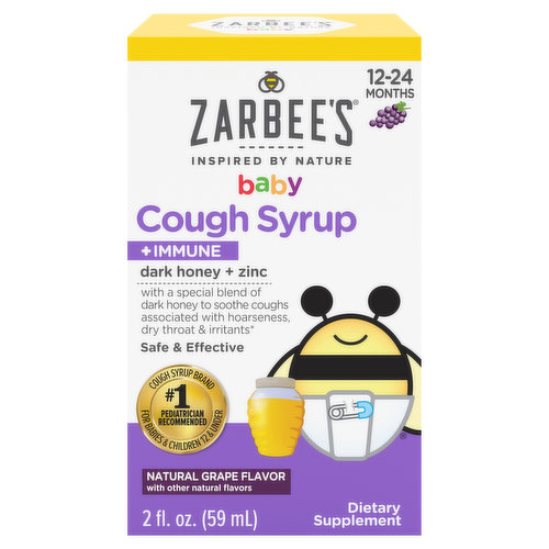 Zarbee's Complete Baby Cough Syrup + Immune with Honey is safe & effective for babies 12 months to 24 months. Our baby cough syrup is made with a special blend of dark honey to soothe coughs associated with hoarseness, dry throat, & irritants* and zinc to support the immune system*. Honey gently soothes and comforts baby’s dry throat*. This natural grape flavor cough syrup is made without drugs, alcohol, artificial sweeteners, artificial flavors, dyes, or gluten. Zarbee’s is the #1 Pediatrician Recommended Cough Syrup Brand for Babies & Kids 12 & under.
Keep your hive healthy: Check out our complete range of products that are made from carefully selected ingredients inspired by nature and backed by science.
*These statements have not been evaluated by the Food and Drug Administration. This product is not intended to diagnose, treat, cure, or prevent any disease.
