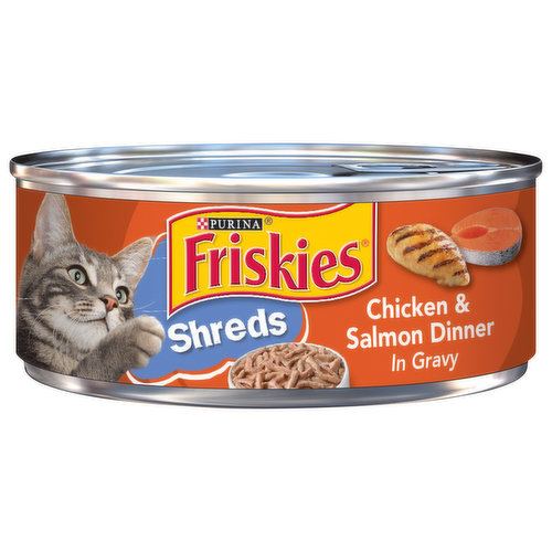 Let the taste of real chicken lure your cat to her dish when you serve Purina Friskies Shreds Chicken and Salmon Dinner in Gravy wet cat food. The tender shreds deliver a mouthwatering texture and appealing look that make each bite a feast for the senses. The rich gravy adds moisture and flavor to every nibble, inviting her to lick her dish clean at mealtime. An enticing aroma lets your cat know a delectable meal is right around the corner, and you can rest easy knowing she's getting 100 percent complete and balanced nutrition for kittens and adult cats in every serving. With all that goodness and a yummy taste, this Purina Friskies Shreds recipe is bound to be a favorite for your feline family. Show your cat you pay attention to her cravings for poultry flavor every time you fill her dish with this scrumptious wet cat food variety.