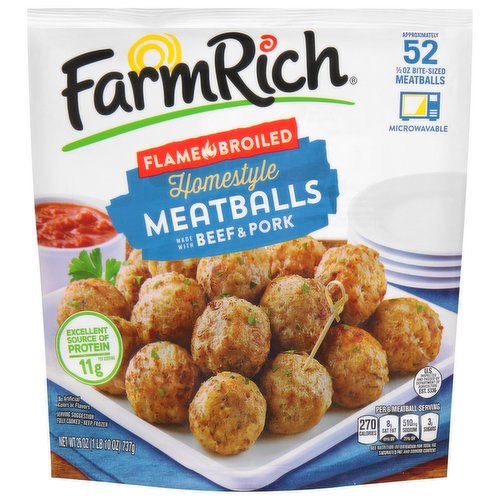 Approximately 52 1/2 oz bite-sized meatballs. Microwavable. Fully cooked. This product is packaged and sold by weight. Real life good.