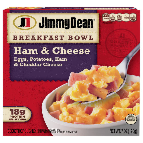 Enjoy all of your breakfast favorites in one bowl with a Jimmy Dean Ham, Egg, Potatoes and Cheese Breakfast Bowl. Filled with savory ham, fluffy scrambled eggs, homestyle potatoes and real cheddar cheese, this Jimmy Dean frozen meal is sure to be the best part of your morning. With 18 grams of protein per serving, these frozen family meals are a delicious option for your breakfast routine.