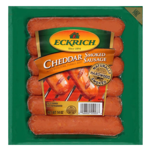 Made with pork, turkey, beef. Since 1894. Naturally hardwood smoked. U.S. inspected and passed by Department of Agriculture. www.Eckrich.com Recipes, questions or comments? Save this package and visit www.Eckrich.com or call 1-855-411-7675.