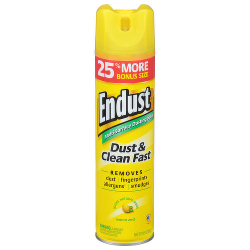 25% more bonus size. Dust & clean fast. Removes dust, fingertips, allergens (Removes the allergens from dust and pet dander) smudges. Leaves natural shine. Spray on, wipe off, move on! Endust picks up and holds dust, while also eliminating allergens (Removes the allergens from dust and pet dander), fingerprints, smears and smudges. The fast-acting formula works on just about any surface in your home, leaving behind a light shine and refreshing lemon scent. How nice. Provides an even, consistent shine without buffing. No-wax formula leaves no waxy residue build-up. Multi-Surface Convenience: Endust's unique formula works just about anywhere dust collects, including non-wood surfaces such as: Furniture. Cabinets/counters. Paneling/window silks. Floors (Endust is not recommended to be used on unfinished wood or unsealed stone. When using Endust on old or unknown finishes, first test in an inconspicuous area. When using on floors, do not apply Endust directly to floors. Instead, spray Endust onto a dust mop or cloth, dust thoroughly and then allow floor to dry). Non-fabric blinds. Dashboards.