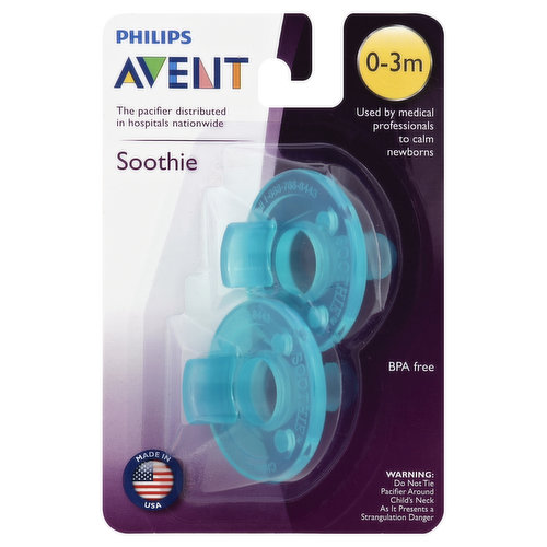 The pacifier distributed in hospitals nationwide. Used by medical professionals to calm newborns. BPA free. The pacifier distributed in more than 2,000 hospitals nationwide. 1. Hospital grade silicone. 2. One piece construction. 3. Highly durable. www.philips.com/Avent. Conforms to US CPSC standards. Pacifier - BPA-free. Made in USA.
