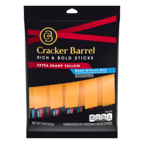 Cracker Barrel Reduced Fat Extra Sharp Cheddar Cheese Sticks with 2% Milk offer 33% less fat than regular Cracker Barrel cheddar cheese for a tasty snack you can feel good about eating. Savor the distinct tangy flavor of this cheese snack expertly crafted by Cracker Barrel cheesemakers with decades of experience. Individual cheese sticks are ideal for snacking and allow for easy portion control, and this delicious sharp cheddar is made with 2% milk. Pack a few sticks in packed lunches for a treat, or pair with fruit and deli meats for a tasty snack platter. For added convenience, these individually wrapped snacks come in a resealable zip package.