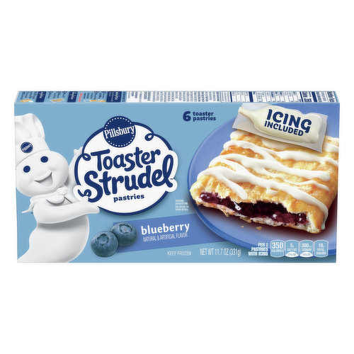 Natural & artificial flavor. Per 2 Pastries with Icing: 350 calories; 5 g sat fat (2% DV); 300 mg sodium (13% DV); 19 g total sugars. Contains bioengineered food ingredients. Learn more at Ask.GeneralMills.com. Icing included. www.ToasterStrudel.com. how2recycle.info. Questions? Comments? Save package and visit us at our website or call 1-800-949-3990; www.ToasterStrudel.com. Box Tops for Education: No more clipping. Scan you receipt. See how at btfe.com.
