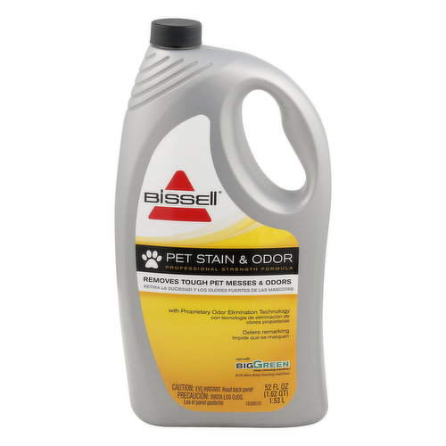 Removes tough pet messes & odors. With proprietary odor elimination technology. Deters remarking. For carpets & upholstery. Professional level results. Cleans up to 4000 sq. ft. or 40 avg. rooms. Contains no heavy metals, phosphates or dyes. www.bissellrental.com. Questions or comments? 1.800.749.9062; www.bissellrental.com. Bottle contains minimum of 25% post consumer recycled plastic. Earth friendly formula. Biodegradable detergents.