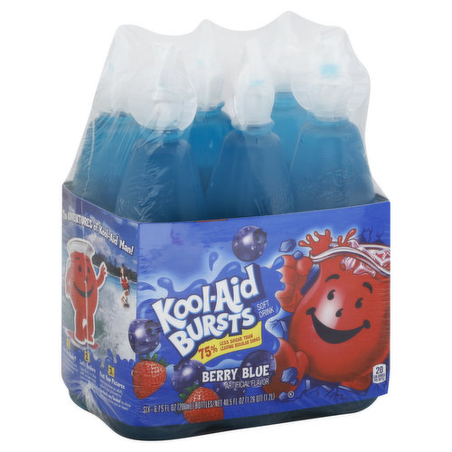 Artificial flavor. 75% less sugar than regular sodas. 20 calories per bottle. Available in a rainbow of flavors. Where there's Kool-Aid there's fun! The adventures of Kool-Aid man! 1. Are you ready? Have an adult help you cut out Kool-Aid man to take on adventures. 2. Let's Explore. Take Kool-Aid man with you and snap some photos of your adventures. 3. Post your pictures. With help from an adult, upload your pictures to facebook.com/koolaid to show everyone where you've been! Contains 0% juice. This product 5 g sugars; leading regular sodas 23 g sugars per 6.75 fl oz serving. Enjoy! Please dispose of top and bottle properly. Become a fan of Kool-Aid! facebook.com/koolaid. Please refer to code numbers on bottle of sleeve with all inquiries. 1-(800) 367-9225. Not for sale in Maine.