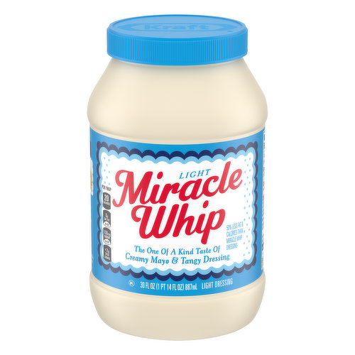 The one of a kind taste of creamy mayo & tangy dressing. Per Tbsp: 20 calories; 0 g sat fat (0% DV); 130 mg sodium (6% DV); less than 1 g total sugars. 50% less fat & calories than miracle whip dressing. This product total fat: (1.5 g) calories (20); Regular dressing: total fat (5 g) calories (50). Kraftfoodscompany.com. For complete recipe nutrition go to www.kraftrecipes.com. Visit us at: Kraftfoodscompany.com; 1-800-847-1997 please have package available. Miracle Whip Light Dressing adds cool, zesty flavor to almost anything. Bursting with tangy vinegar and a medley of spices, our family favorite dressing and condiment delivers creamy texture and delicious flavor in every bite. Light Miracle Whip is thick enough for spreading or dipping, and it adds a wonderful texture to salads. With 20 calories per serving, you'll feel good about adding Miracle Whip dressing to all your favorite appetizers and entrees. Try light Miracle Whip for sandwiches and salads, in your favorite chicken recipe or as a creamy burger sauce. It also makes a tasty secret ingredient in deviled eggs and potato salad. Our dressing is packaged in a resealable 30 fluid ounce jar.