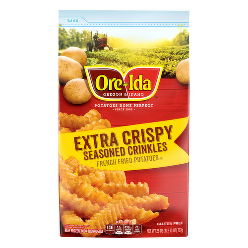 Made from 100% real potatoes. Per 13 Pieces: 140 calories; 15 g sat fat (7% DV); 430 mg sodium (19% DV); less than 1 total sugars. Gluten free. Oregon & Idaho. Potatoes done perfect. Since 1952. During any mealtime, Ore-Ida potatoes are the right side to have on your side. Ore-Ida believes in potatoes done perfect and it has since 1952. We believe that taste and quality matter, so that's why we work tirelessly to bring you and your family the best and fresh tasting potatoes, all grown locally in the USA. With our perfect extra crispy seasoned crinkles, you get the crispy outer texture and fluffy inside you need to turn any family meal into a success. So next time you're thinking about what to make, remember that Ore-Ida potatoes are the perfect companion to winning at mealtime. www.oreida.com. Scan for more food information. The Ore-Ida Brand is committed to providing the highest quality products. We welcome your comments. Please have the package with you when you call. Phone us: 1-800-892-2401 Monday - Friday. Visit us online www.oreida.com for delicious recipes. Write Us: Kraft Heinz Foods, Consumer Affairs P.O. Box 57 Pittsburgh, PA 15230. Call 1-800-892-2401. For more food information. Ore-Ida Extra Crispy Seasoned Crinkles Fries make it easy to enjoy delicious fries at home. Crispy and golden, these Grade A fries are made from freshly peeled, American grown potatoes. These gluten free fries offer a seasoned, extra crispy outside with a fluffy inside for the perfect blend of textures to make your next family meal a success. Toss these frozen fries on a baking sheet to bake them in the oven according to package instructions for perfectly crispy fries every time.