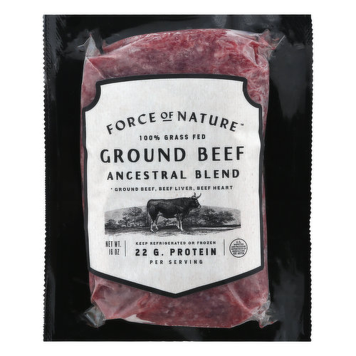 Ground beef, beef liver, beef heart. 22 g protein per serving. Honor the animal. Honor the earth. 100% grass fed beef, beef liver, beef heart. Our Ancestral Blends are developed to conveniently incorporate the nourishing recipes of organ meats into a modern diet. With careful attention to detail, we created a product that has comparable taste and texture to what you would expect with regular ground meat. Try using our Ancestral Blend in place of ground meat in your favorite recipe, and enjoy a wholesome and delicious dish that elevates your culinary experience. No antibiotics or added growth hormones. Nourishing recipe use in place of ground meat. US inspected and passed by Department of Agriculture. forceofnaturemeats.com. Instagram. Twitter. Facebook (at)forceofnaturemeats.com