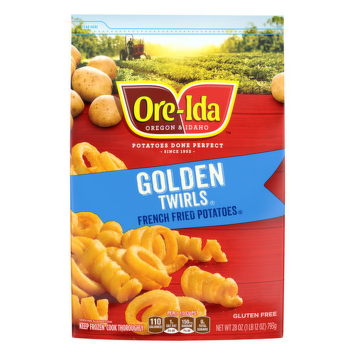 Ore-Ida Golden Twirls French Fried Potatoes make it easy to enjoy delicious fries at home. Crispy and golden, these Grade A fries are made from freshly peeled, American grown potatoes cut into a fun spiral shape. These gluten free fries offer a crispy outside with a fluffy inside for the perfect blend of textures to make your next family meal a success. Toss these frozen fries on a baking sheet to bake them in the oven according to package instructions for perfect golden fries. An American classic, these easy fries are perfect for dipping. Serve up the traditional burger and fries, or get creative with loaded twirly fries topped with cheese and bacon. These oven baked fries come sealed in a 28 ounce bag to help lock in flavor. Your family deserves the highest quality because if it's not Grade A, it's not Ore-Ida!