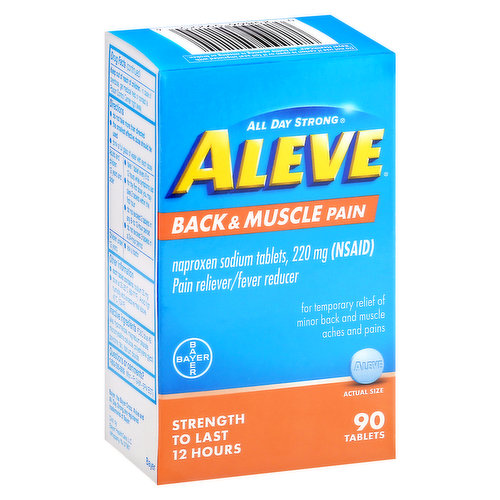 In Each Tablet: Other Information: Each caplet contains: sodium 20 mg. Store at 20-25 degrees C (68-77 degrees F). Avoid high humidity and excessive heat above 40 degrees C (104 degrees F). All Day Strong. Naproxen sodium tablets, 220 mg (NSAID). Pain reliever/fever reducer. For temporary relief of minor back and muscle aches and pains. Strength to last 12 hours. Questions or comments? 1-800-395-0689 (Mon-Fri 9 am - 5 pm EST).
