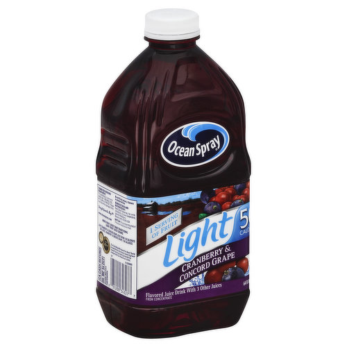 Flavored juice drink with 3 other juicers. From concentrate. 1 serving of fruit. 50 calories. From concentrate. Meet our growers. We're proud members of the Ocean Spray Cooperative, where the growers who harvest the cranberries also own the company. My father bought a cranberry bog in the 1980s, but neither of us really knew what to expect. We quickly learned that growing cranberries isn't as easy as it looks. During harvest season, we're out there from sunrise to sundown. We even spend nights out in the bog watching for frost. It seemed like a lot of work at the beginning, but I've come to enjoy the fall harvest and I'm excited to pass on what I learned to the next generation. Jim Bible. 2nd generation grower Black River Falls, WI. Ocean Spray grower owned since 1930. For more about the Bible Family, visit www.oceanspray.com. Thanks for choosing Ocean Spray: For questions or comments please call 1-800-662-3263, M-F 9 AM to 4 PM EST. Please have the entire package handy. Straight from the bog! www.oceanspray.com. No artificial colors, flavors or preservatives. More fruit juice than traditional light fruit juice drinks. Light cranberry & concord grape juice drink: 50 calories. 100% juice, cranberry & concord grape: 150 calories. American Culinary ChefsBest: 2011 Chefs Best Award, Best Taste. The ChefsBest Award for Best Taste is awarded to the brand rated highest overall among leading brands by independent professional chefs. Contains 50% juice.