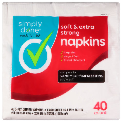259 sq in total (1681 sq cm). Each sheet 16.1 in x 16.1 in (41 cm x 41 cm). Ready for life. Large size; elegant feel; thick & absorbent. Compare to Vanity Fair Impressions Napkins (Vanity Fair is a registered trademark of Georgia-Pacific Consumer Products LP. This product is not manufactured by, distributed by or affiliated with Georgia-Pacific Consumer Products LP). Spills on your lap - covered! Office party - no problem! From formal dinners and tea time, to pools and patios, be ready for any event with these affordable, super soft, party perfect napkins from Simply Done. Quality Guarantee: If you are not 100% satisfied, return our product for a full refund. www.besimplydone.com. Scan for more information or call 1-888-423-0139.