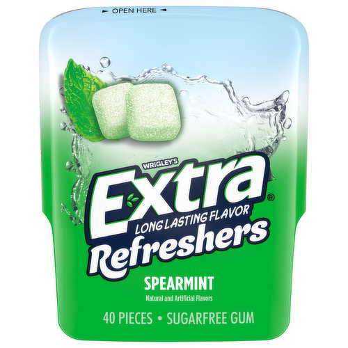Experience a rush of minty flavor with EXTRA Refreshers Spearmint Chewing Gum. Each piece has a crunchy exterior coated in tiny crystals and a chewy center bursting with flavor. This chewing gum will leave you feeling instantly refreshed. Keep a bottle on your desk at the office or bring some extra freshness when you travel. EXTRA Refreshers Gum is an invigorating way to reshape your refreshment. Try all 3 EXTRA Refreshers Gum flavors: Spearmint, Tropical Mist and Polar Ice.