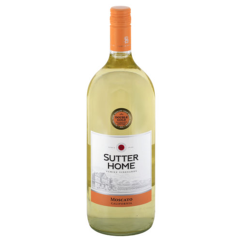 Family owned in California. Since 1948. Family vineyards. At Sutter Home, we've been bringing people together since 1948. Raise a glass to friends and family with our luscious Moscato. It's luxurious and sweet, with delicate floral aromas, creamy peach and juicy melon flavors, and a soft finish. Share good times. Sutter Home. Flavor Profile: Sweet. Drink responsibly. Drive responsibly. www.sutterhome.com. Sutter Home Moscato gold medal winner 2018. Double Gold San Francisco Chronicle Wine Comp. Alc. 10.0% by vol.