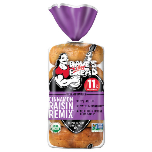 Dave's Killer Bread® Cinnamon Raisin Remix® Bagels are USDA organic cinnamon raisin bagels with killer taste and texture to mix up your morning routine. 12g protein and 11g whole grains per bagel. These sweet and cinnamony organic bagels have no high-fructose corn syrup, no artificial ingredients. You can trust Dave's Killer Bread® to deliver killer taste, texture and whole grain nutrition. Cinnamon Raisin Remix® bagels are pre-sliced and ready to be slathered in smooth cream cheese or butter. Remix for your morning with Dave's Killer Bread® Cinnamon Raisin Remix® bagels.The story of Dave’s Killer Bread® began at the Portland Farmers Market, when Dave Dahl and his nephew brought some loaves of Dave's bread to sell. For Dave, this marked the beginning of a new chapter in his life. Though he grew up in a family of bakers, his life took a different path. A path that landed him in prison for 15 years. Determined to prove his worth and make a positive impact, Dave worked tirelessly to bake breads that tasted unlike anything else on the market — packed with seeds and grains, made with only the very best organic and Non-GMO Project Verified ingredients. Dave’s Killer Bread® believes everyone is capable of greatness. One in three of the company's employee partners at their Milwaukie, OR bakery has a criminal background—but your past doesn't define your future. As a proud Second Chance Employer, Dave’s Killer Bread® truly believes everyone deserves a second chance to become a Good Seed.