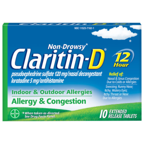 In Each Tablet: Other Information: Each tablet contains: calcium 30 mg. Safety sealed: do not use if the individual blister unit imprinted with Claritin-D 12 Hour is open or torn. Store between 20 degrees to 25 degrees C (68 degrees to 77 degrees F). Keep in a dry place. Pseudoephedrine sulfate 120 mg/nasal decongestant. Loratadine 5 mg/antihistamine. Non-drowsy (when taken as directed). Indoor & outdoor allergies. 12 hour. Relief of: Nasal & sinus congestion due to colds or allergies. Sneezing; runny nose; itchy, watery eyes; itchy throat or nose due to allergies. www.claritin.com. Questions or comments? 1-800-Claritin (1-800-252-7484) or www.claritin.com. Recyclable carton.