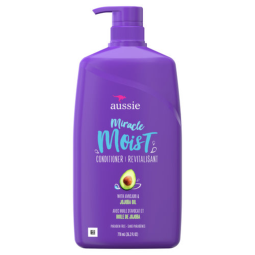 With avocado & australian jojoba oil. Paraben free. Dry hair looking for a hydration miracle? We've got you covered! Our Miracle Moist Conditioner helps protect hair against breakage and hydrates, giving you hair amazing slip-through-your-fingers softness. Yay! Avocado & Australian Jojoba Oil. Yay! Aussome hair days. No way! Parabens no way! Hair stress. aussie.com. Follow us and share in the fun! (at)aussiehairusa. (hashtag)Aussomehair. Questions? 1-800-947-2656. Made in U.S.A. of U.S. and/or imported ingredients.