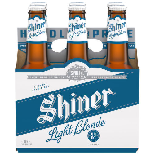 99 cal; 3.4 carbs. Since 1909. Every drop of shiner. It's light. Done right. Shiner bottles are great for: Cooling off, full flavor, low carbs, independence, award winning, drinking. Precious cargo. Drop beer brings about sadness. Handle this carton with care and pride. Please enjoy responsibly. Certified Independent Craft Brewers Association. www.shiner.com. This carton recycles. Glass recycles.