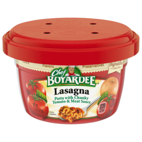 Pasta with chunky tomato & meat sauce. Quality ingredients. Since 1924. No artificial colors. No preservatives. Multi-layer cup. Check locally (Not recycled in all communities). Plastic cup. Metal lid. how2recycle.info.