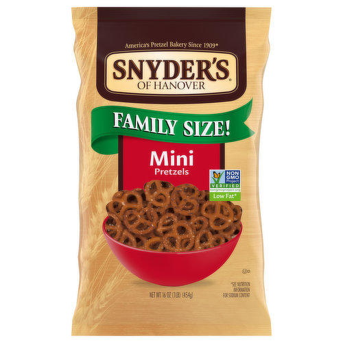 America's Pretzel Bakery Since 1909. We are connected with Snyder of Berlin, Berlin, PA 15530. They're bite-sized! they're crunchy! They're flavorful! Just what you expect from a Snyder's of Hanover Mini Pretzel. Perfect on their own or with cheese or hummus for a tasty snack - so many ways to enjoy! Starting with a century old family recipe and only the finest ingredients, each pretzel is slow baked to perfection. With so many Snyder's of Hanover varieties and flavors to choose from, the only question is which is your favorite? American's favorite pretzel brand.