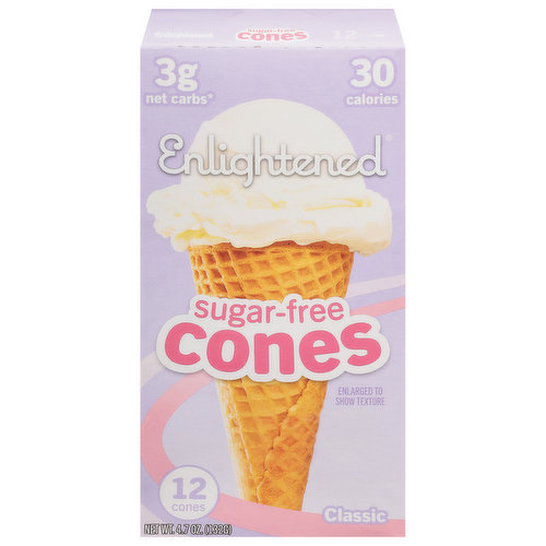We'll get straight to the point: Nothing says celebration like ice cream piled high on a sweet, crispy cone. We've ditched the sugar and kept the crunch for a cone that's the perfect match for your favorite light, keto, or dairy-free Enlightened ice cream flavor. With only 30 calories, 0 g sugar, and 3g net carbs (9 g carbs - 4 g fiber - 2 g sugar alcohol = 3 g net carbs per cone), you're free to focus on catching all the drips. Ready - set - scoop! SmartPoints Value = 1 Per Cone: The SmartPoints value for this product was calculated by Beyond Better Foods, LLC and is provided for informational purposes only. This is not an endorsement, sponsorship, or approval of this product or its manufacturer by Weight Watchers International, Inc. the owner of the Weight Watchers and SmartPoints trademarks.