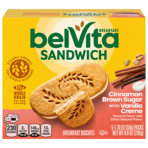 Start your morning off right with delicious belVita Breakfast Sandwich Cinnamon Brown Sugar with Vanilla Creme Breakfast Biscuits. Featuring tasty vanilla creme sandwiched between two cinnamon sugar breakfast biscuits, these baked biscuits make a delicious instant breakfast food. Specially baked, these soft biscuits contain slow-release carbs that break down gradually in the body to deliver delicious, steady energy all morning long so you can enjoy these with your morning coffee, yogurt and fruit or as an instant breakfast food no matter what the morning brings. Each 50 gram serving contains 15 grams of whole grain and 3 grams of fiber for a delicious alternative to snack bars. A simple addition to your morning, these cholesterol-free biscuits for breakfast contain no high-fructose corn syrup and no artificial colors, flavors or sweeteners. What are you waiting for? These convenient breakfast biscuits made with wholesome grains are a great alternative to traditional breakfast snacks. These bulk chocolate biscuits are also an ideal addition to your supply of vending foods to stock machines or sell at convenience stores, concession stands or food service stations. They can even be used in college care packages! Each individual pack contains 2 belVita Breakfast Sandwich Breakfast Biscuits for you to enjoy on the go, at the office or at home for lasting morning energy. RECALLED PRODUCT: Mondelēz Global LLC Conducts Voluntary Recall of Two Varieties of belVita Breakfast Sandwich Products Sold in the United States Due to Undeclared Peanut Allergen